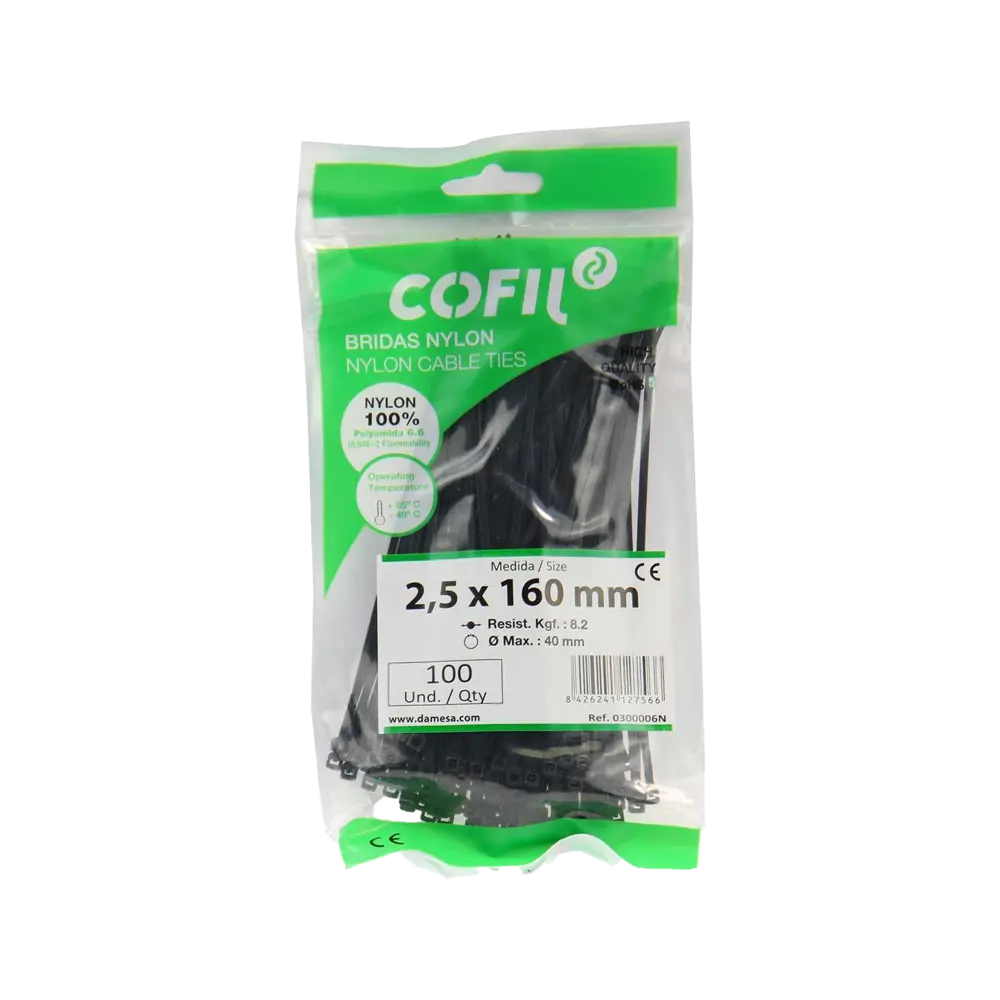 Стяжка черная пластик 2,5 х 160 мм 100 шт/уп, Cofil 