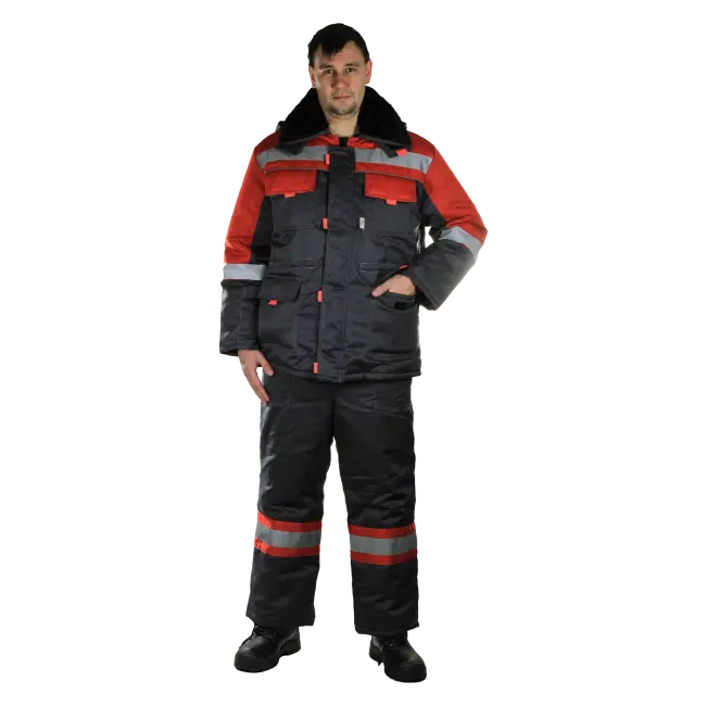 Фото товара Костюм рабочий Нова утепленный, куртка+полукомбинезон, серый+красный вид спереди