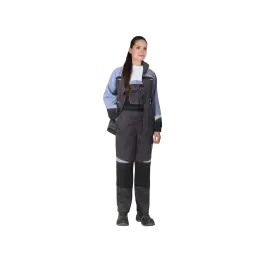 Фото товара Костюм рабочий женский Фаворит-Мега, куртка+полукомбинезон, серый+черный+сиреневый  вид спереди