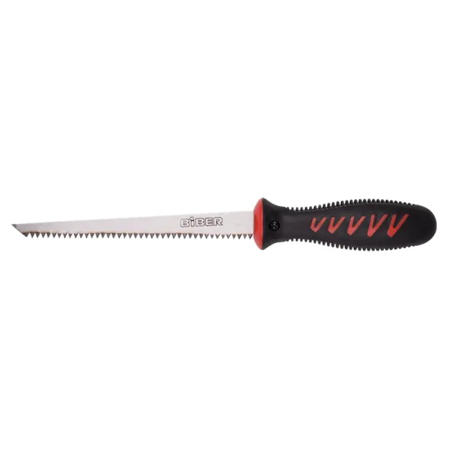 Фото товара Ножовка по гипсокартону средний зуб, 150 мм, обрезиненная рукоятка, Biber 85692 Профи  вид спереди