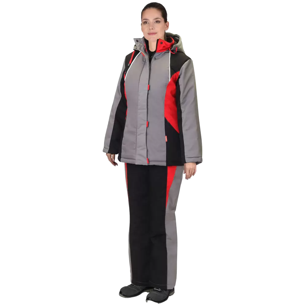 Костюм рабочий женский Сибирячка утепленный, куртка+полукомбинезон, серый+черный+красный