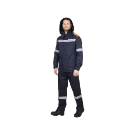Фото товара Костюм антистатический с защитой от нефти и нефтепродуктов, куртка+полукомбинезон, темно-синий+оранж вид спереди