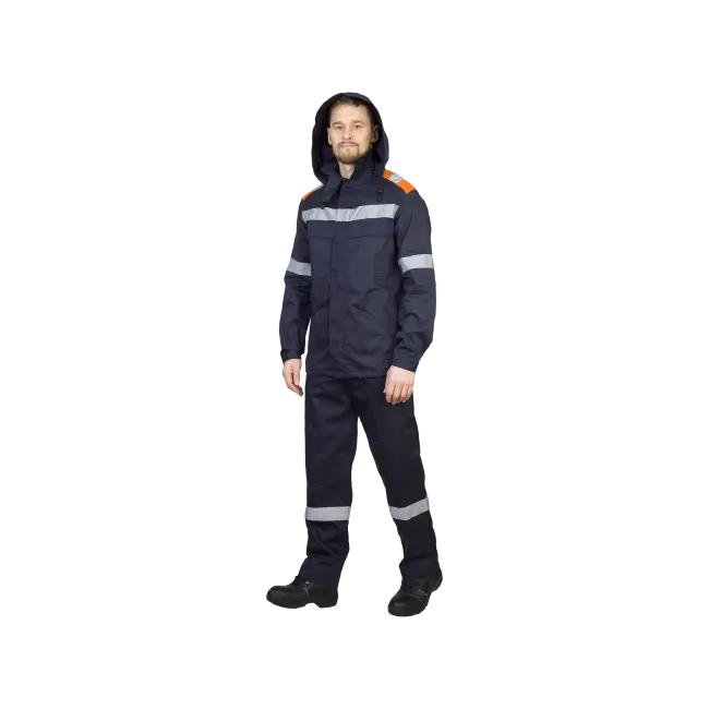 Фото товара Костюм антистатический с защитой от нефти и нефтепродуктов, куртка+полукомбинезон, темно-синий+оранж вид спереди