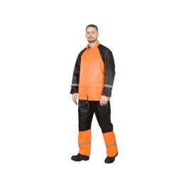 Фото товара Костюм влагостойкий сигнальный, куртка+брюки, оранж+черный с СОП вид спереди