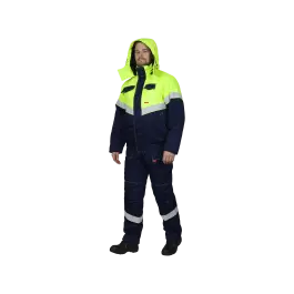 Фото товара Костюм рабочий Навигатор утепленный с капюшоном, куртка+полукомбинезон, синий+лимон вид спереди