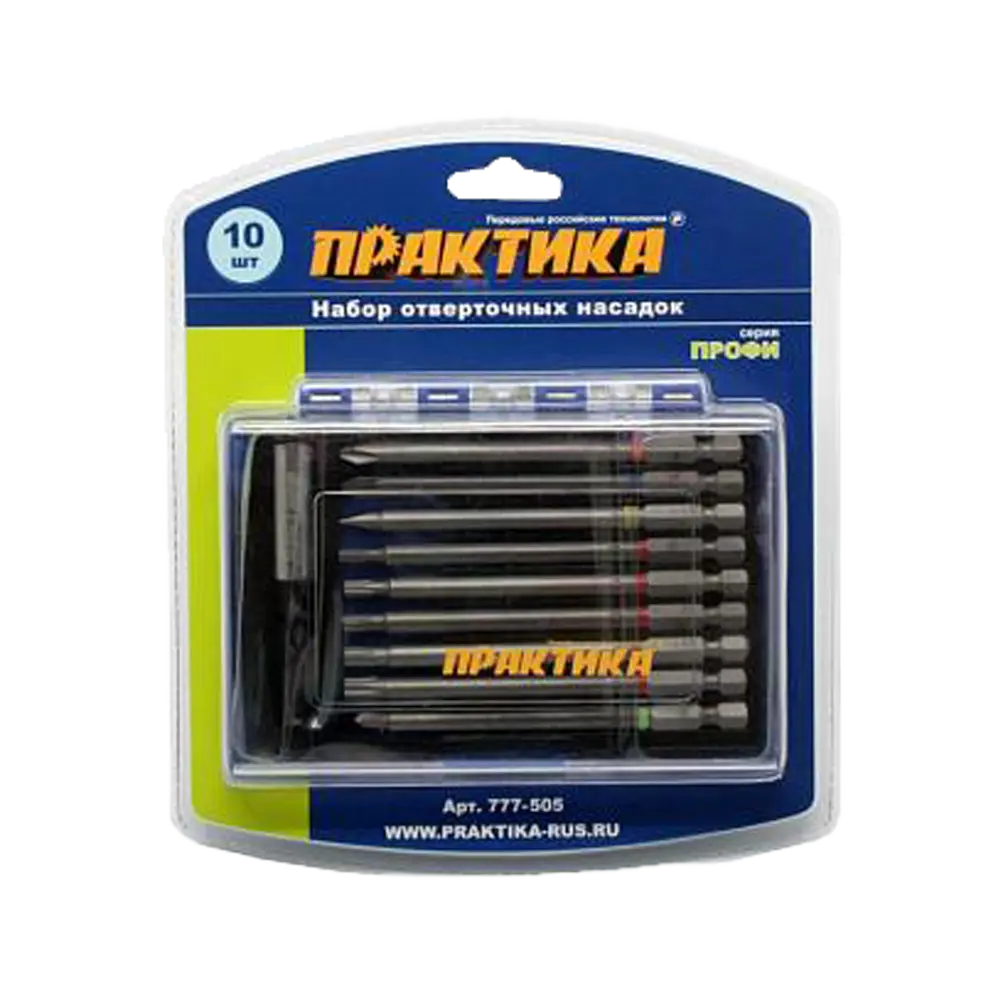 Набор бит 10 шт/уп 100 мм PH, PZ, SL, Torx, Tri-Wing, держатель 75 мм, Практика 777-505 Профи