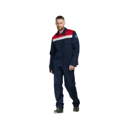 Фото товара Костюм сварщика 1 класса защиты, 100% ХБ с огнестойкой пропиткой, куртка+брюки, синий+красный вид спереди