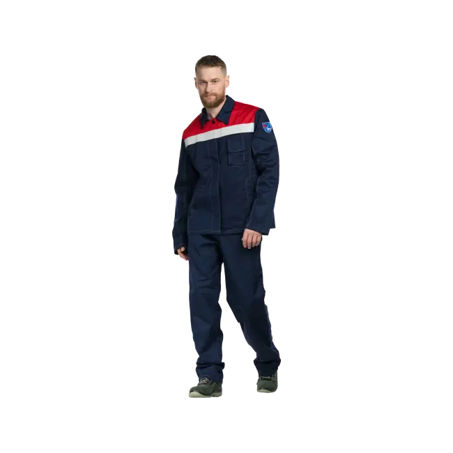 Фото товара Костюм сварщика 1 класса защиты, 100% ХБ с огнестойкой пропиткой, куртка+брюки, синий+красный вид спереди