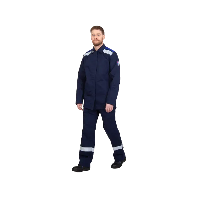 Фото товара Костюм сварщика 2кл. защиты 100% ХБ с огнеупорной пропиткой, куртка+брюки, синий+василек вид спереди