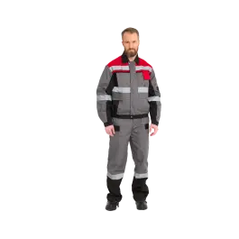 Фото товара Костюм рабочий Виват, куртка+брюки, серый+красный (уценка-лого) вид спереди