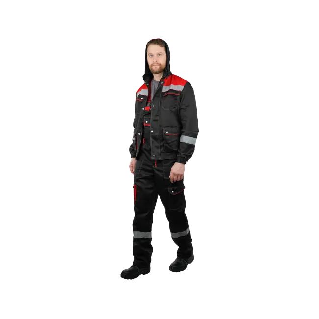 Фото товара Костюм рабочий Антей с СОП, куртка+полукомбинезон, черный+красный вид спереди