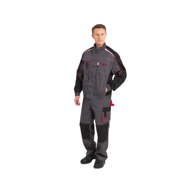 Фото товара Костюм рабочий Коста, куртка+брюки, серый+черный+красный (уценка-лого) вид спереди