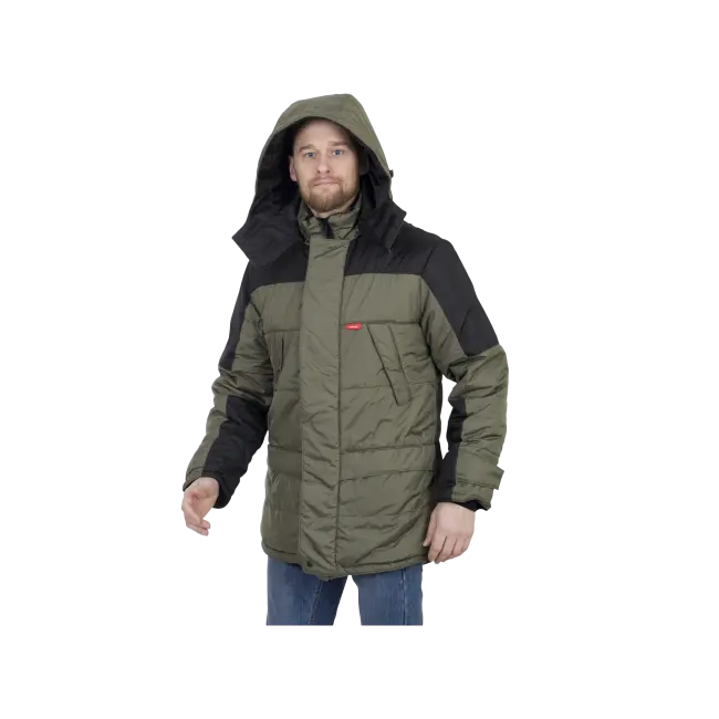 Фото товара Куртка Европа мужская утепленная, олива+черный, уценка (логотип) вид спереди