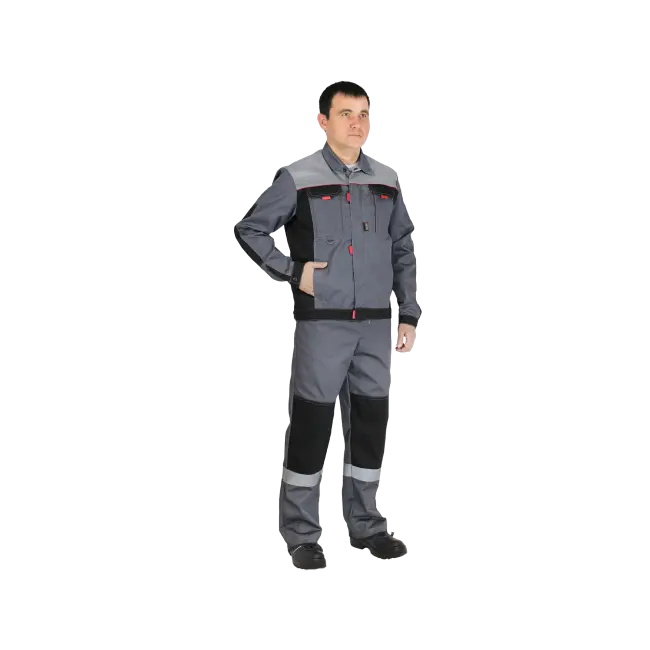 Фото товара Костюм рабочий Модуль, куртка+полукомбинезон, серый+черный+светло-серый вид спереди