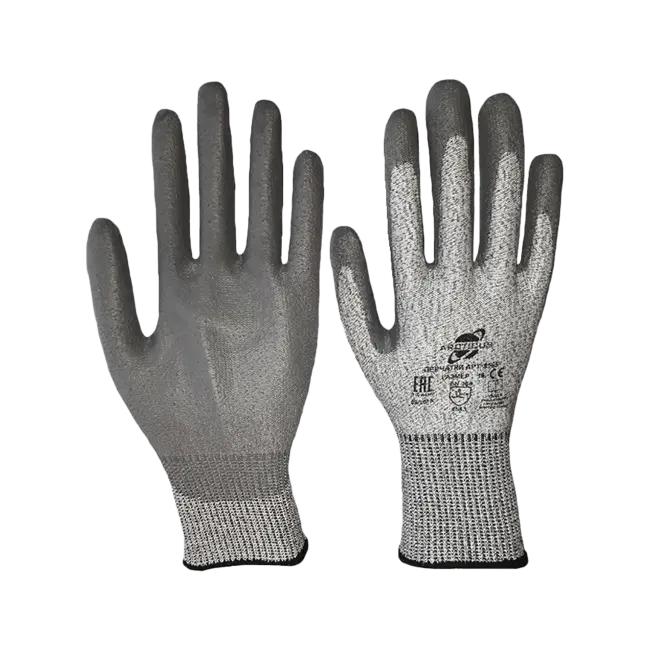 Фото товара Перчатки трикотажные порезостойкие с полиуретановым покрытием ладони и кончиков пальцев, серые вид спереди