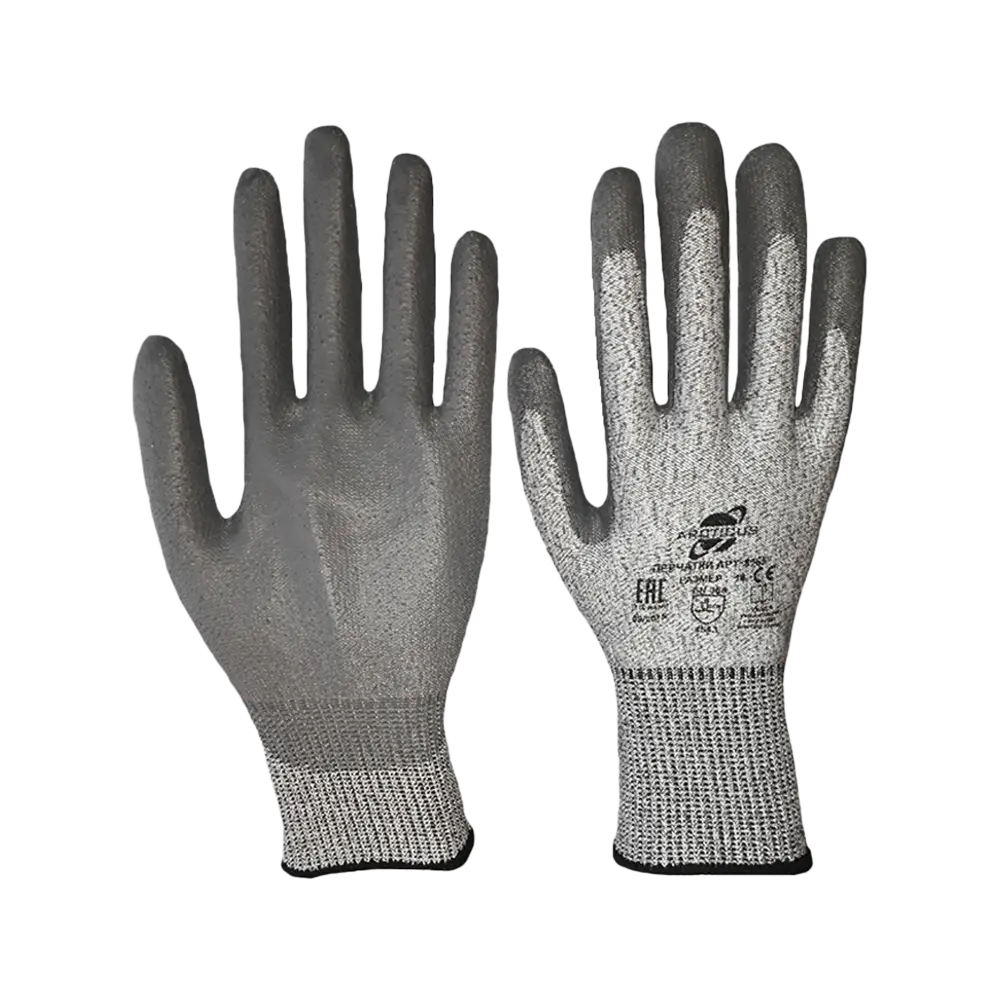 Перчатки трикотажные порезостойкие с полиуретановым покрытием ладони и кончиков пальцев, серые