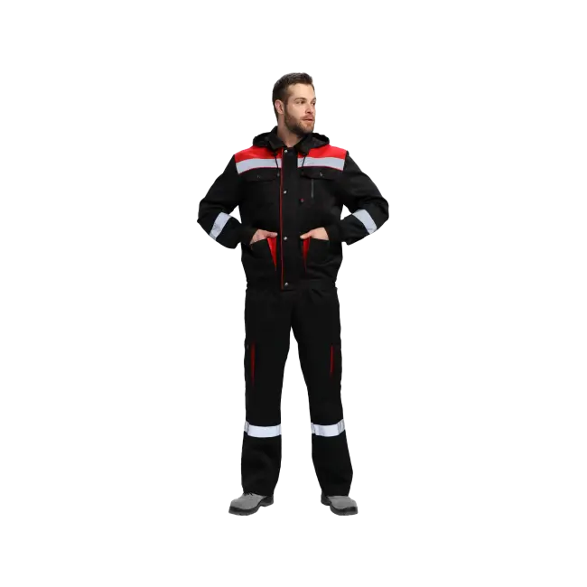 Фото товара Костюм рабочий Титан-2, куртка+полукомбинезон, черный+красный, нестандартные размеры вид спереди