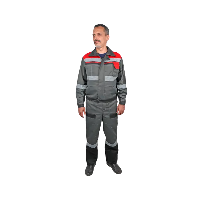 Фото товара Костюм рабочий Виват Базис, куртка+полукомбинезон, серый+красный вид спереди