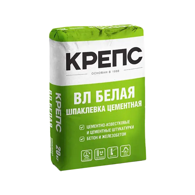 Фото товара Шпаклевка цементная Крепс ВЛ белая, 20 кг вид спереди