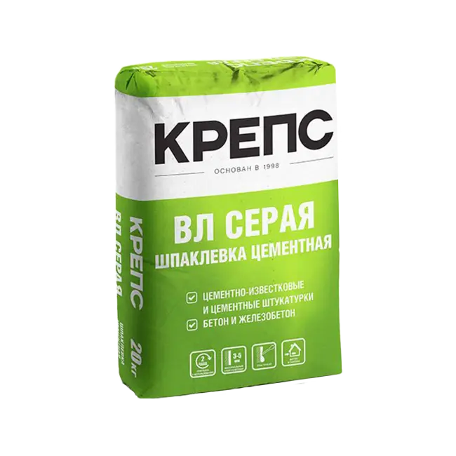 Фото товара Шпаклевка цементная Крепс ВЛ серая, 20 кг вид спереди