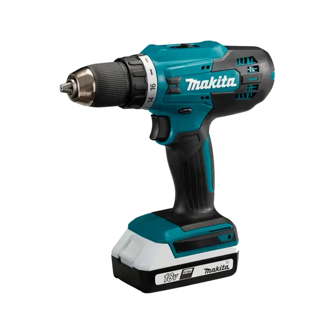 Фото товара Дрель аккумуляторная безударная MAKITA (18V, 42Нм, 2акб 1,5Ач, кейс), DF488D002 вид спереди