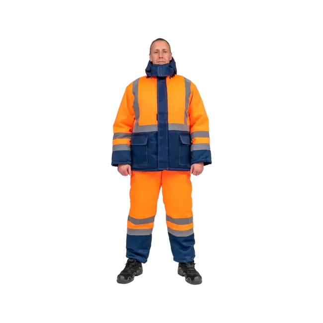 Фото товара Костюм рабочий Дорожник утепленный, куртка+полукомбинезон, оранжевый+синий, тк. Оксфорд вид спереди