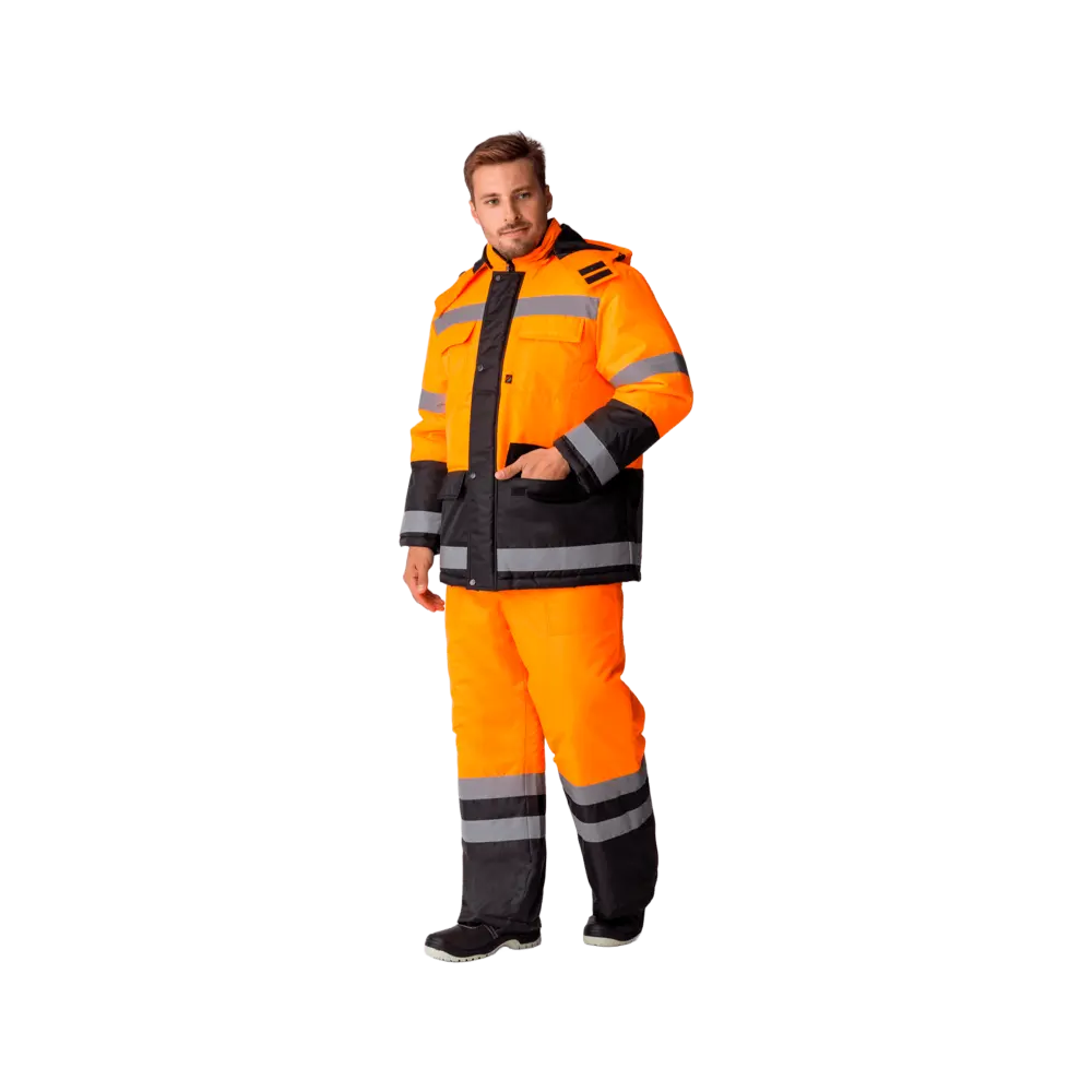 Костюм рабочий Дорожник утепленный, куртка+брюки, оранжевый+черный
