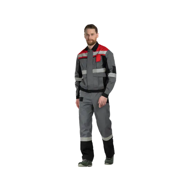Фото товара Костюм рабочий Виват, куртка+полукомбинезон, серый+красный вид спереди