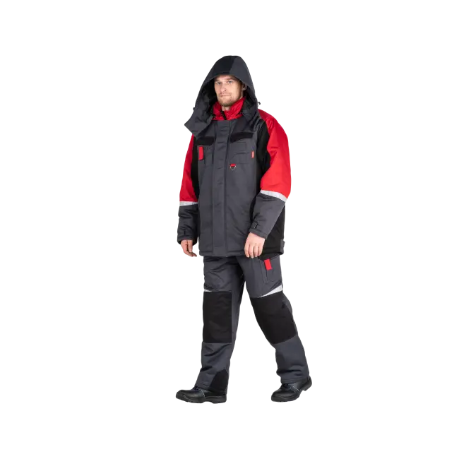Фото товара Костюм рабочий Фаворит-Мега утепленный, куртка+полукомбинезон, темно-серый+черный+красный вид спереди
