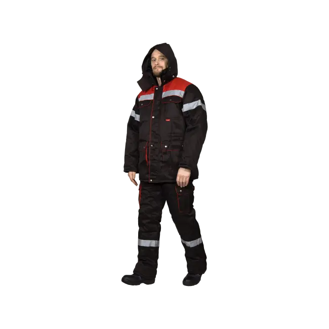 Фото товара Костюм рабочий Титан утепленный, куртка+полукомбинезон, черный+красный вид спереди