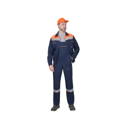 Фото товара Костюм рабочий Сириус-Мастер, куртка+полукомбинезон, темно-синий+оранж вид спереди