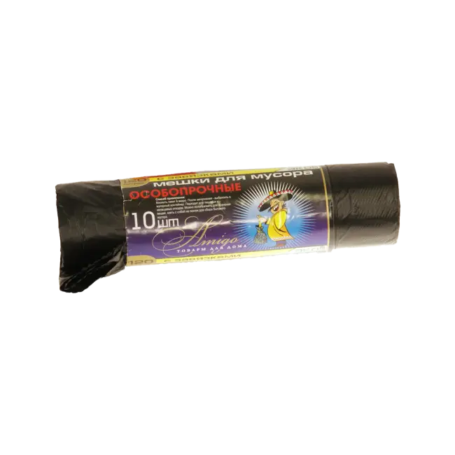Фото товара Мешки для мусора 120 л / 10 шт особопрочные с завязками черные, Amigo вид спереди