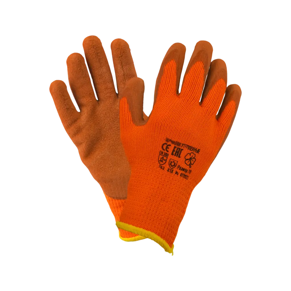 Перчатки трикотажные с  рифлёным латексным покрытием утеплённые ICE, арт.0482 оранжевые