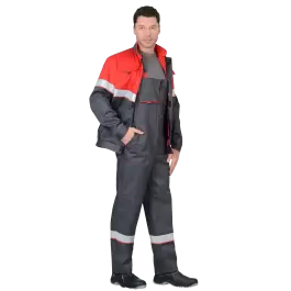 Фото товара Костюм рабочий Навигатор, куртка+полукомбинезон, серый+красный вид спереди